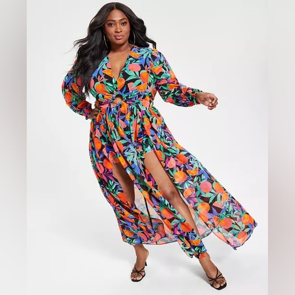 NWT - 3X - TROPICAL FRUIT PRINT - Nina Parker - 2-Pc. Dress & Shorts Set - Picture 3 of 3